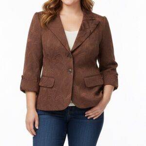 Worthington Brown Peaked Lapel Cropped Puffed Shoulder 3/4 Sleeve Blazer 16